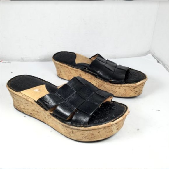 Born Women's Wedge Cork Sandals Slip-On Leather Open Toe Black Size 6 - Picture 1 of 12